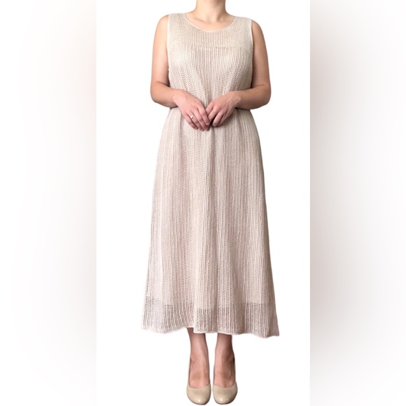 Eileen Fisher 100% Silk Crochet Sheath Sleeveless Midi Dress | Large - Picture 2 of 10